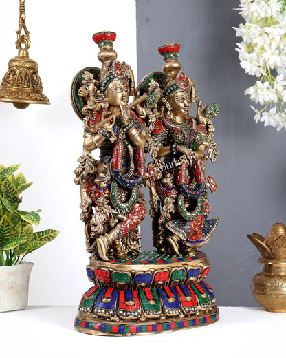 Brass Large Radha Krishna Statue on Same Base with meenakari Stonework 21 inch - Budhshiv.com