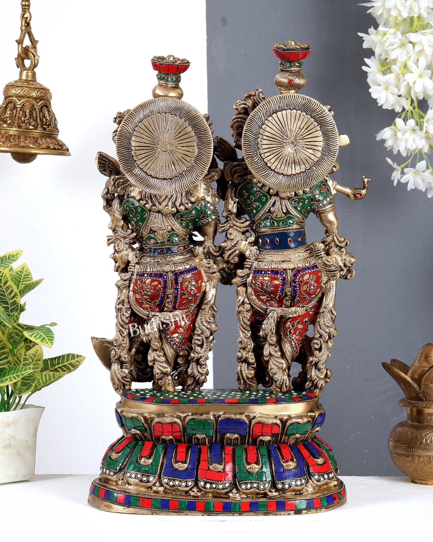 Brass Large Radha Krishna Statue on Same Base with meenakari Stonework 21 inch - Budhshiv.com