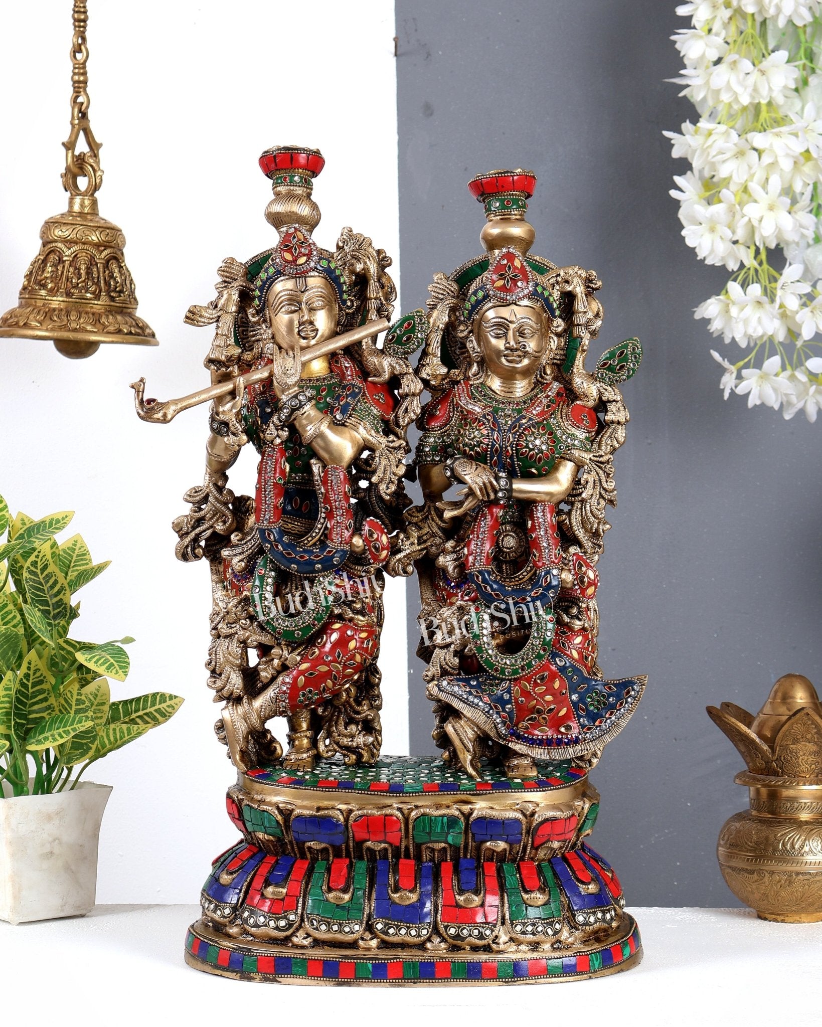 Brass Large Radha Krishna Statue on Same Base with meenakari Stonework 21 inch - Budhshiv.com