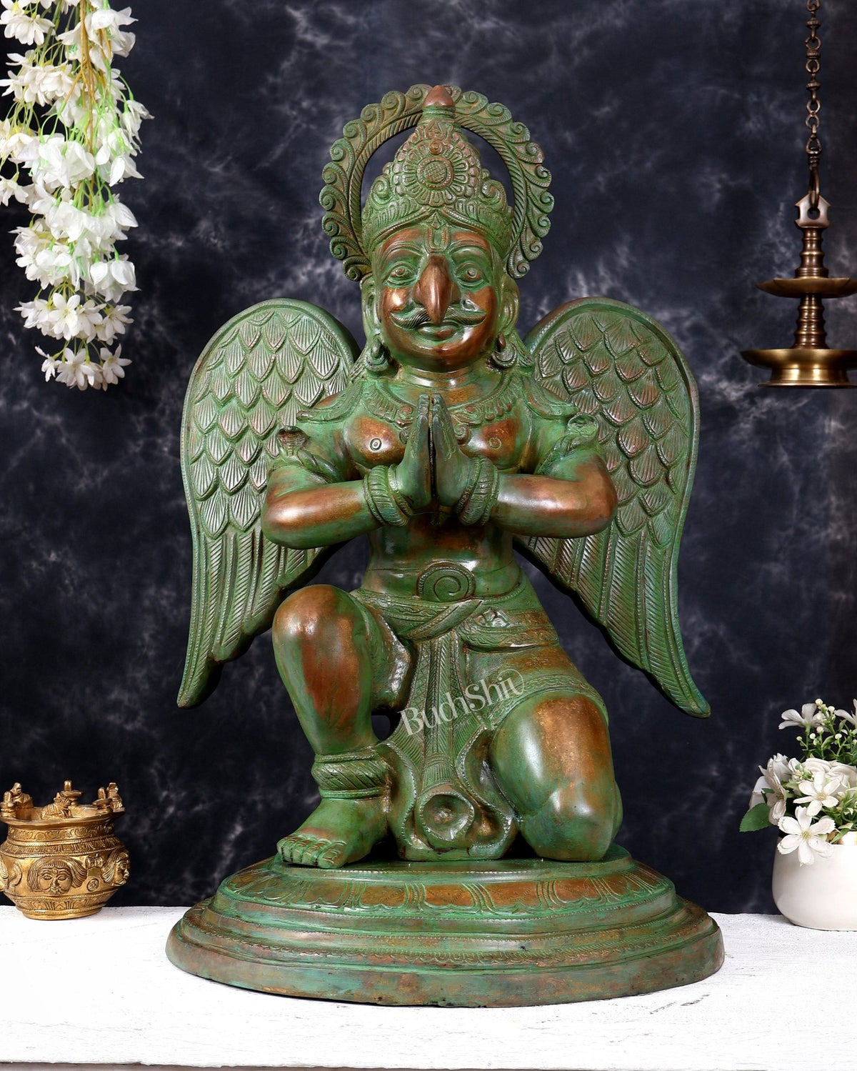 Brass Large Seated Garuda Statue — Bronze with patina Tone 29 inch - Budhshiv.com