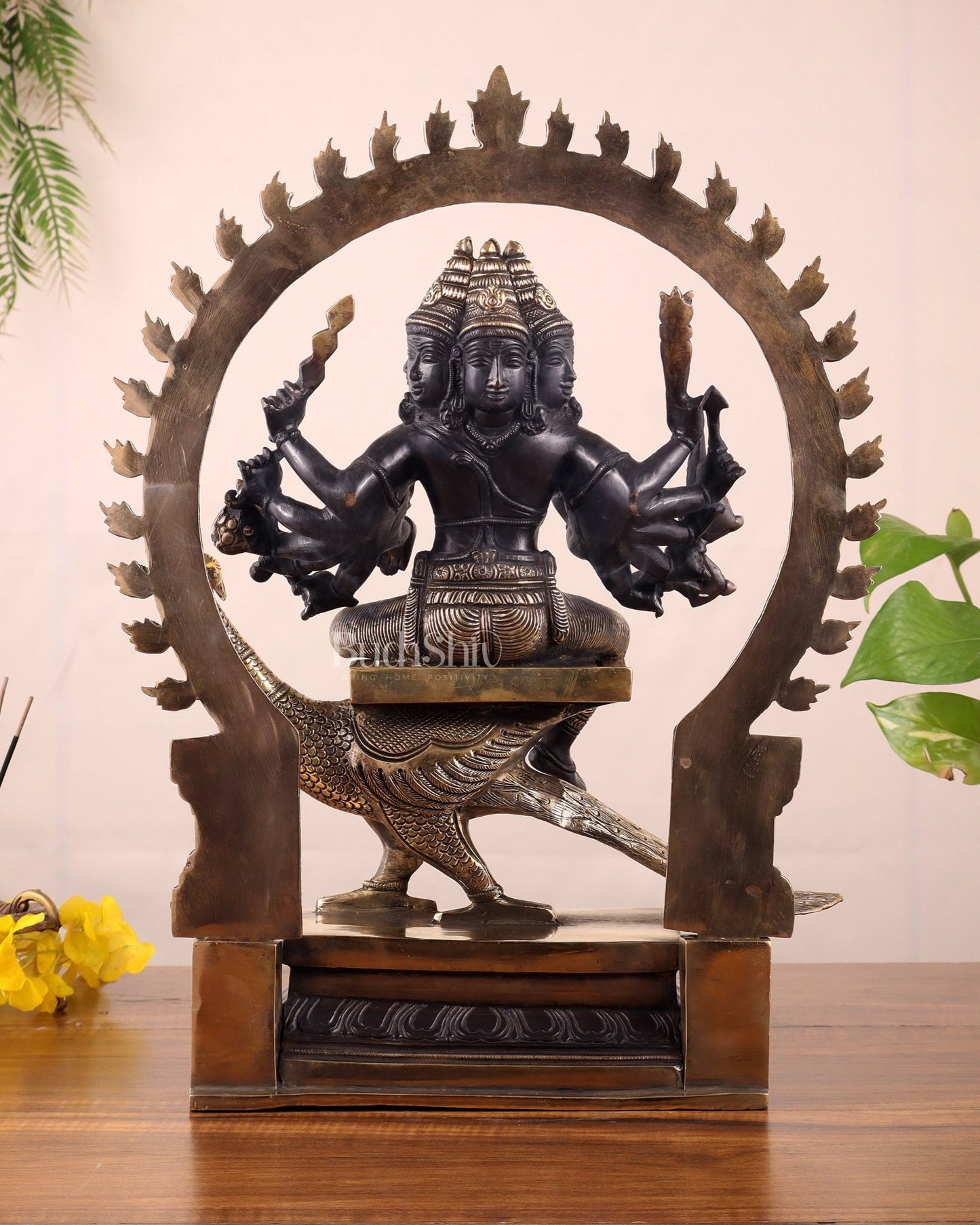 Brass Large ShanaMurugan with six faces statue 17" - Budhshiv.com