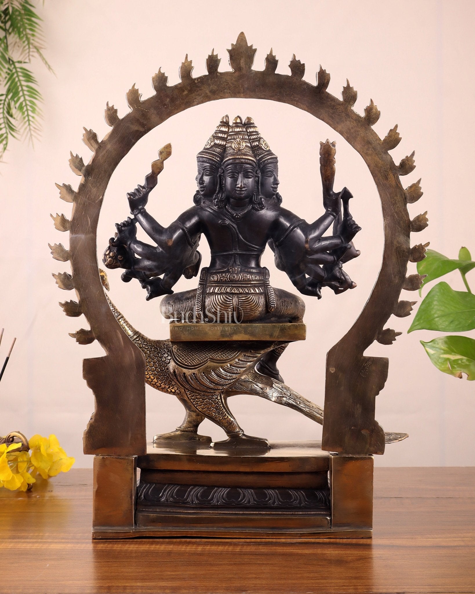 Brass Large ShanaMurugan with six faces statue 17" - Budhshiv.com