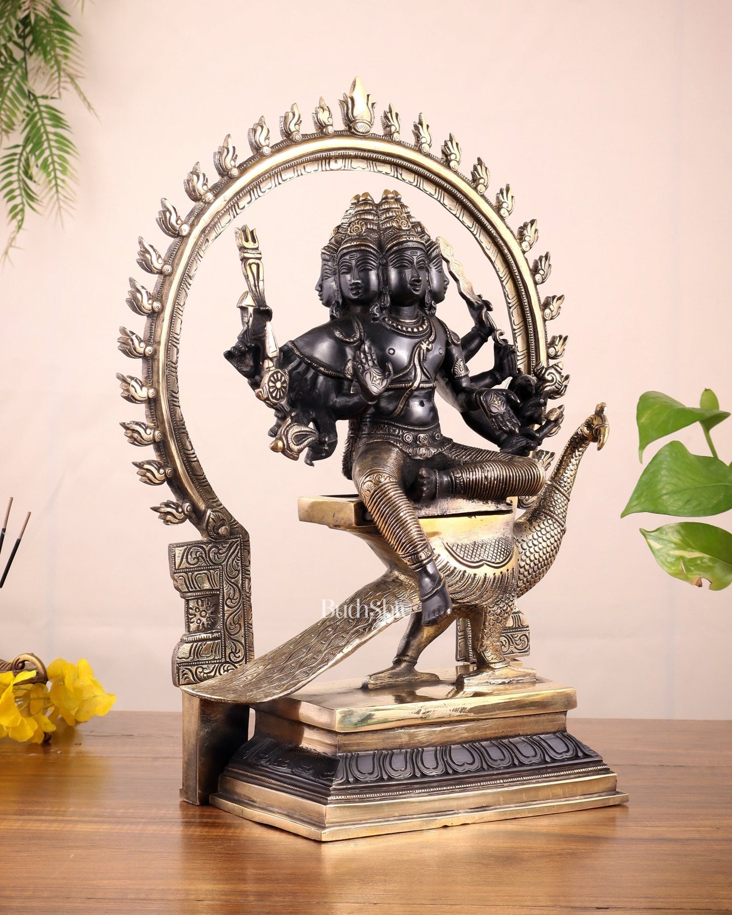 Brass Large ShanaMurugan with six faces statue 17" - Budhshiv.com