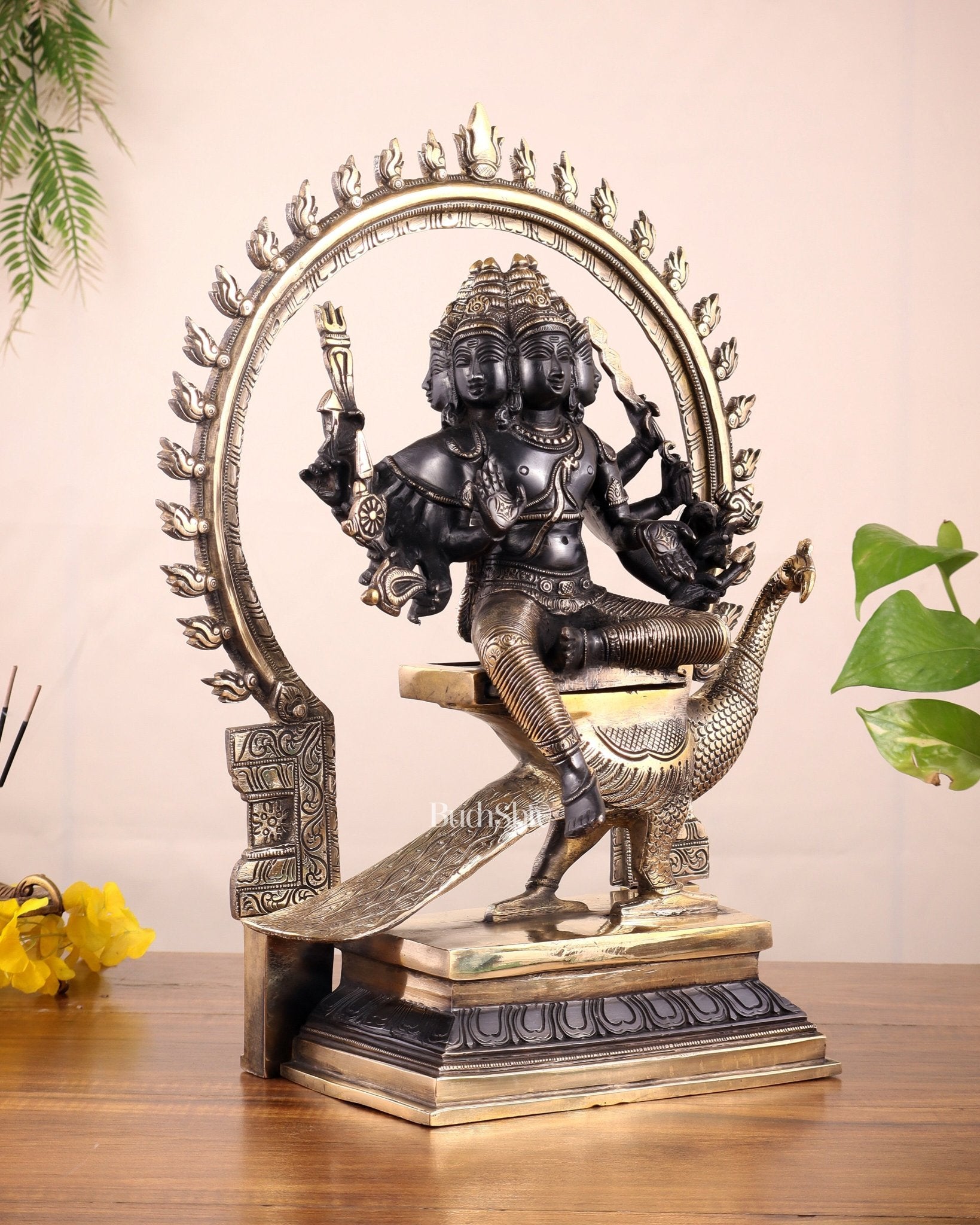 Brass Large ShanaMurugan with six faces statue 17" - Budhshiv.com
