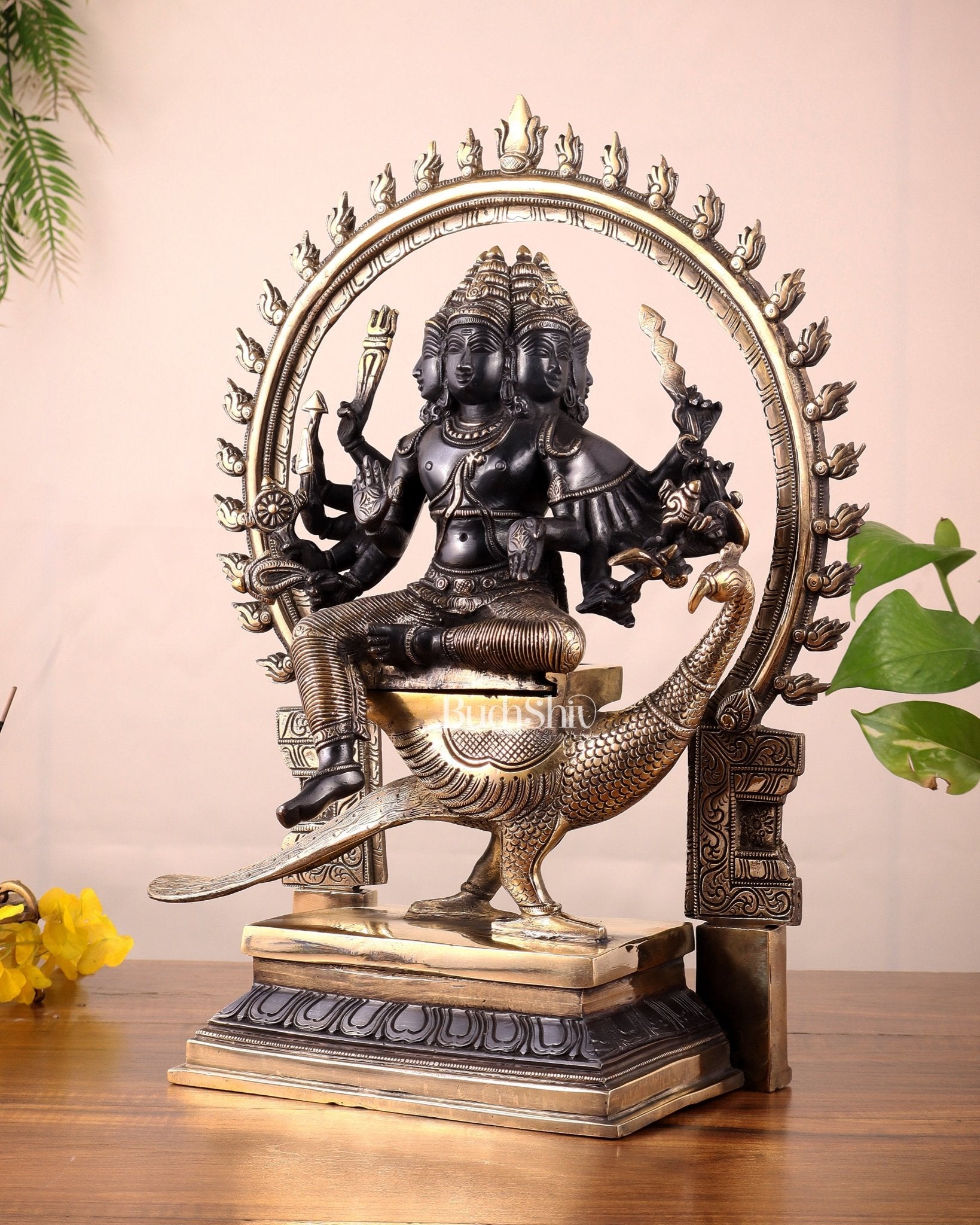 Brass Large ShanaMurugan with six faces statue 17" - Budhshiv.com