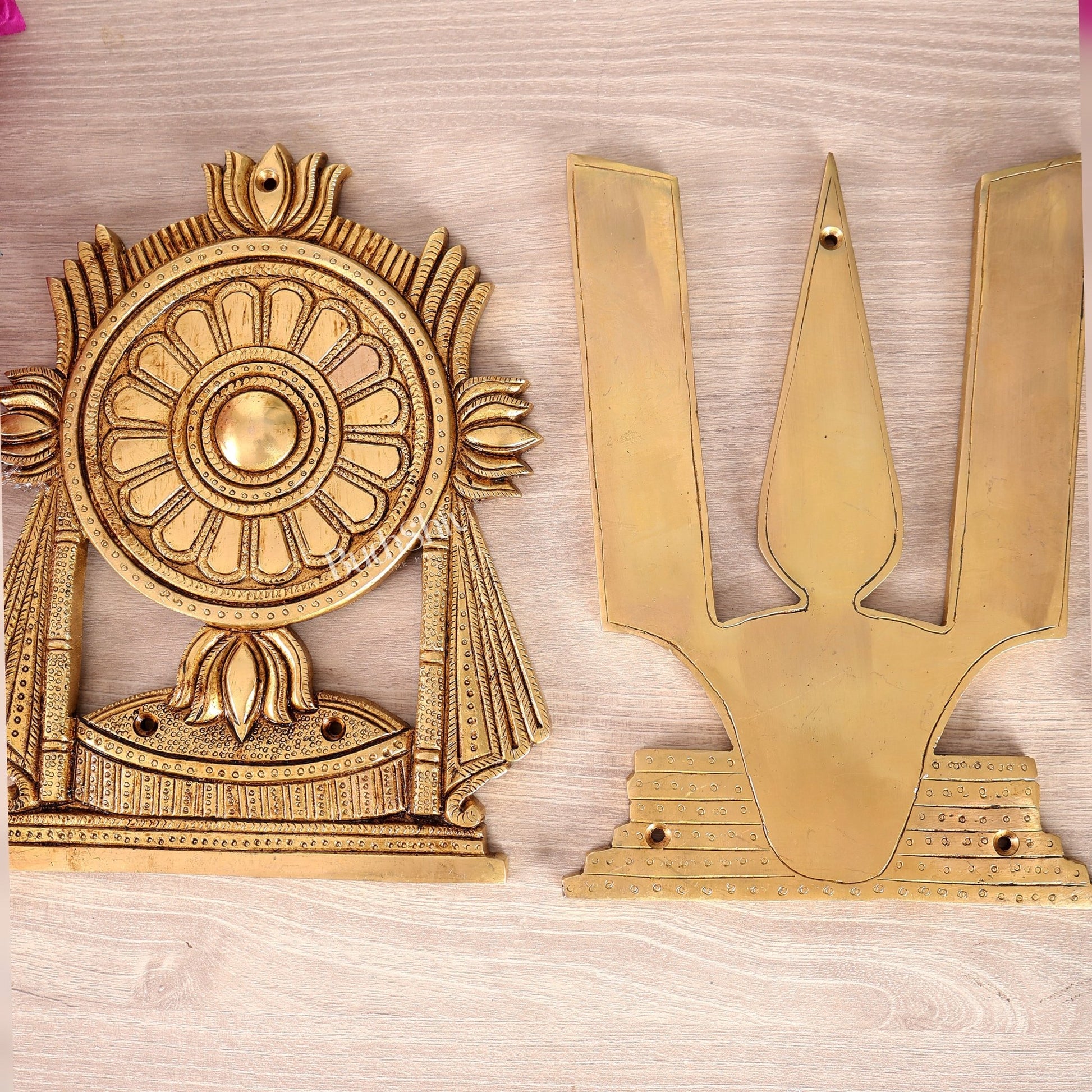 Brass Large Shankh Chakra Namah Wall Hanging – Sacred Handcrafted Vaishnav Wall Décor 9.5 inch - Budhshiv.com