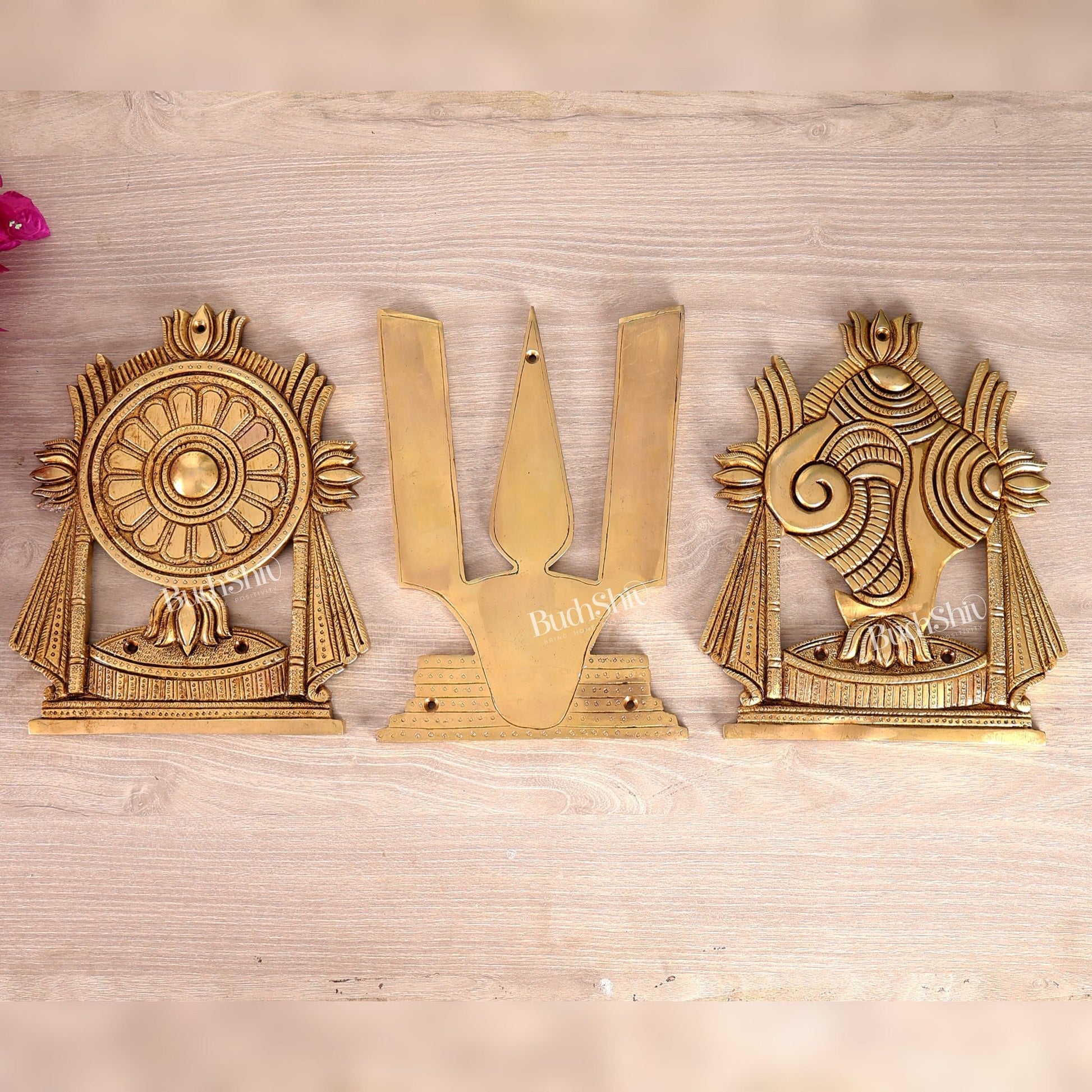 Brass Large Shankh Chakra Namah Wall Hanging – Sacred Handcrafted Vaishnav Wall Décor 9.5 inch - Budhshiv.com