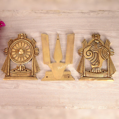 Brass Large Shankh Chakra Namah Wall Hanging – Sacred Handcrafted Vaishnav Wall Décor 9.5 inch - Budhshiv.com