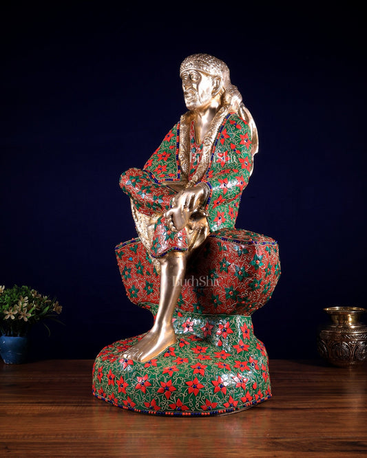 Brass large Shirdi Sai Baba Statue 24" floral stonework - Budhshiv.com