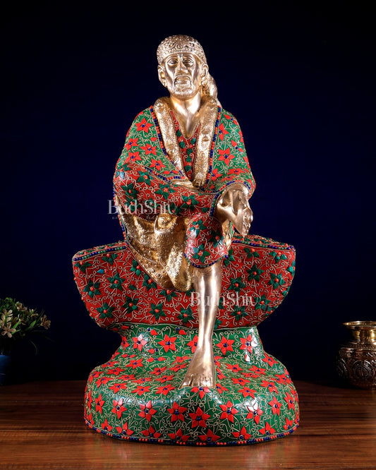 Brass large Shirdi Sai Baba Statue 24" floral stonework - Budhshiv.com