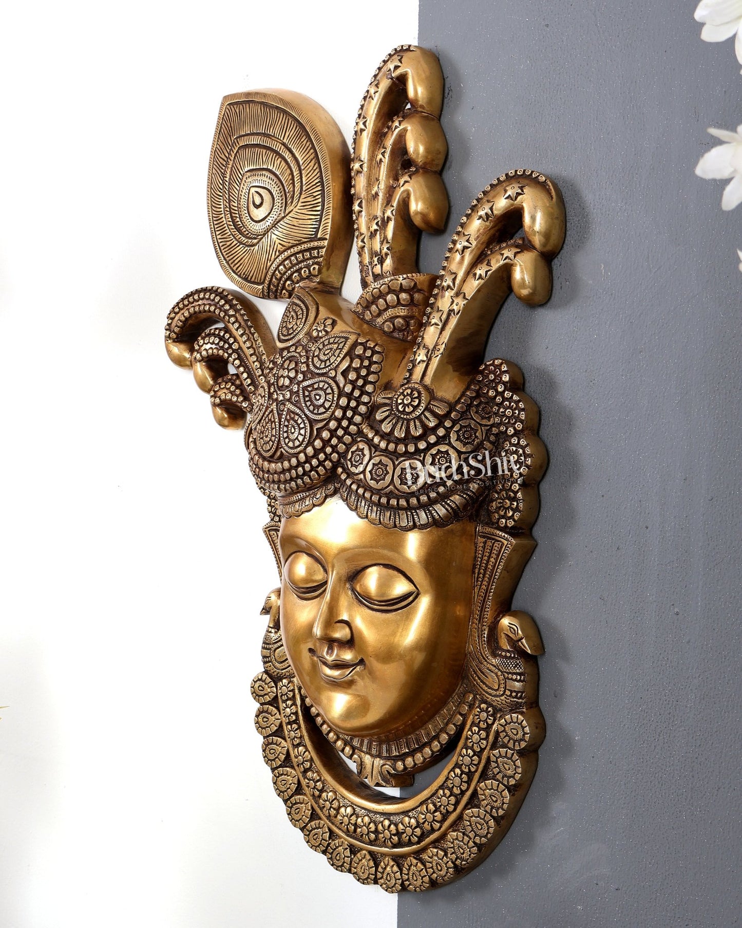 Brass Large Shrinath Ji Face Wall Hanging – Handcrafted Divine Temple Wall Décor 24 inch - Budhshiv.com
