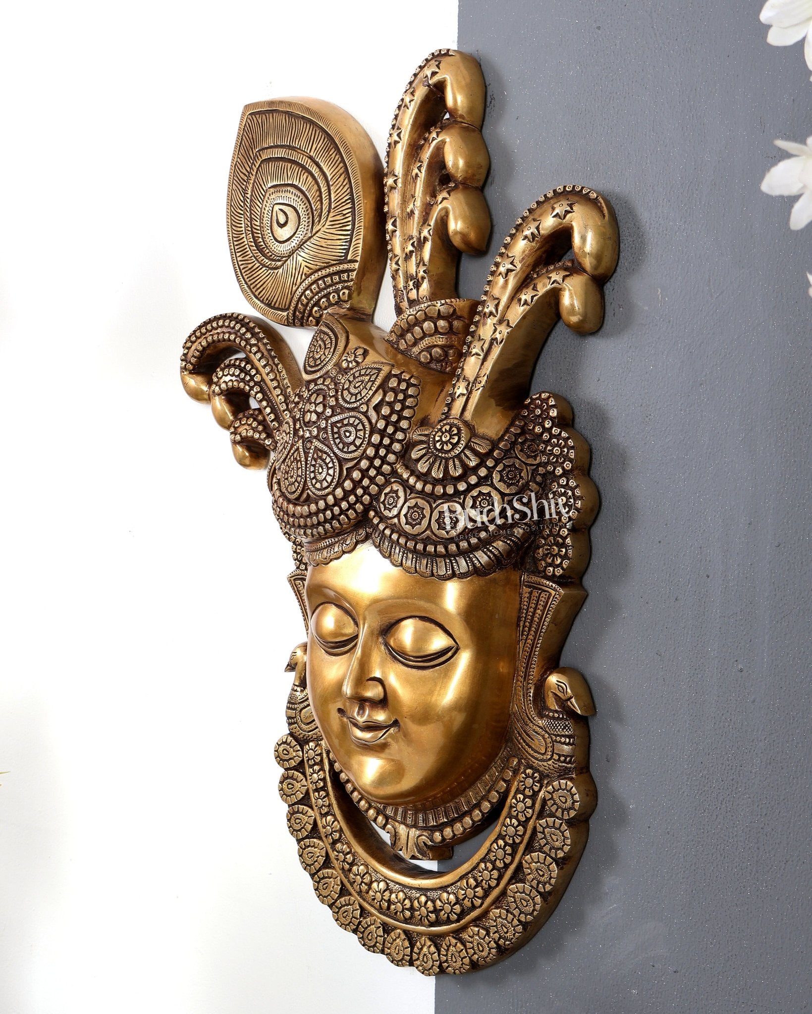 Brass Large Shrinath Ji Face Wall Hanging – Handcrafted Divine Temple Wall Décor 24 inch - Budhshiv.com