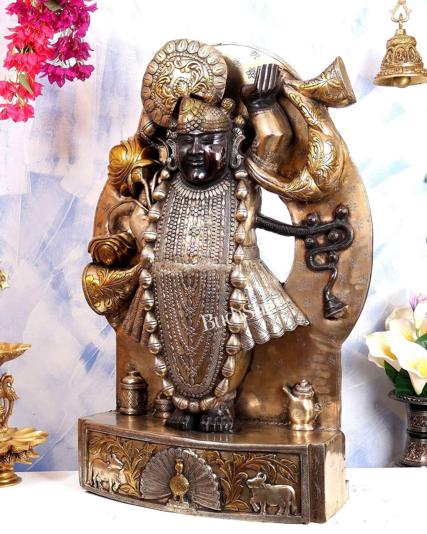 Brass Large Shrinath Ji Statue – Permanent Black & Golden Finish with Pichwai Style Base 36 inch - Budhshiv.com