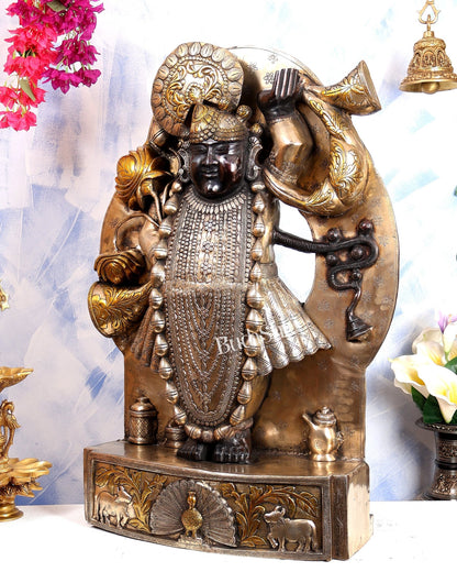 Brass Large Shrinath Ji Statue – Permanent Black & Golden Finish with Pichwai Style Base 36 inch - Budhshiv.com