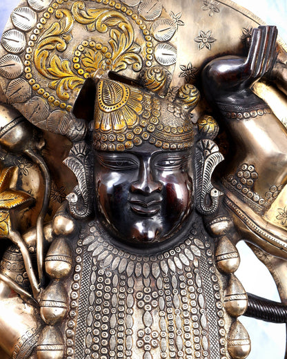 Brass Large Shrinath Ji Statue – Permanent Black & Golden Finish with Pichwai Style Base 36 inch - Budhshiv.com