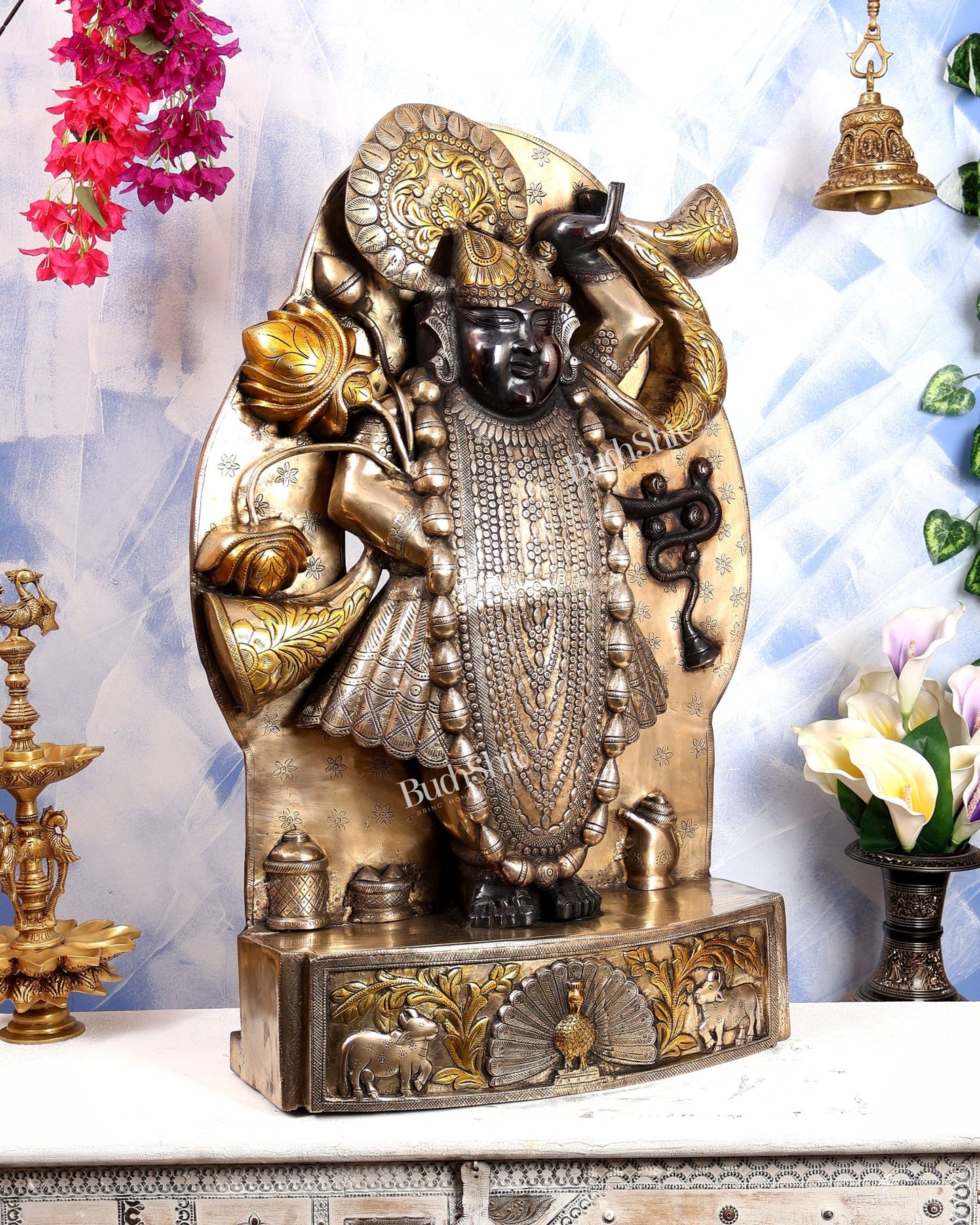 Brass Large Shrinath Ji Statue – Permanent Black & Golden Finish with Pichwai Style Base 36 inch - Budhshiv.com