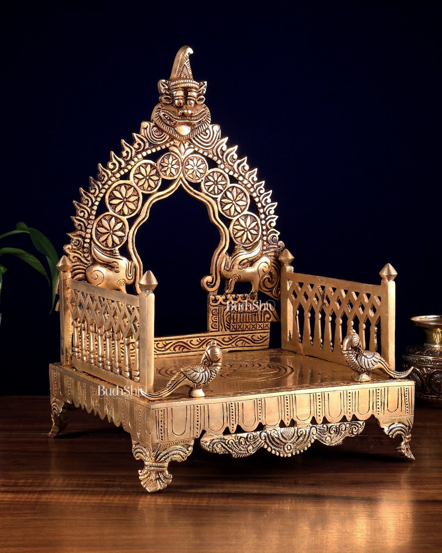 Brass Large Singhasan Chowki with Prabhavali – Temple Altar for Idols 14 inch - Budhshiv.com