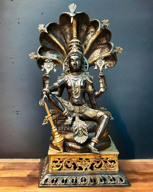 Brass large sitting Lord Vishnu Sculpture black | 25.5 inch - Budhshiv.com
