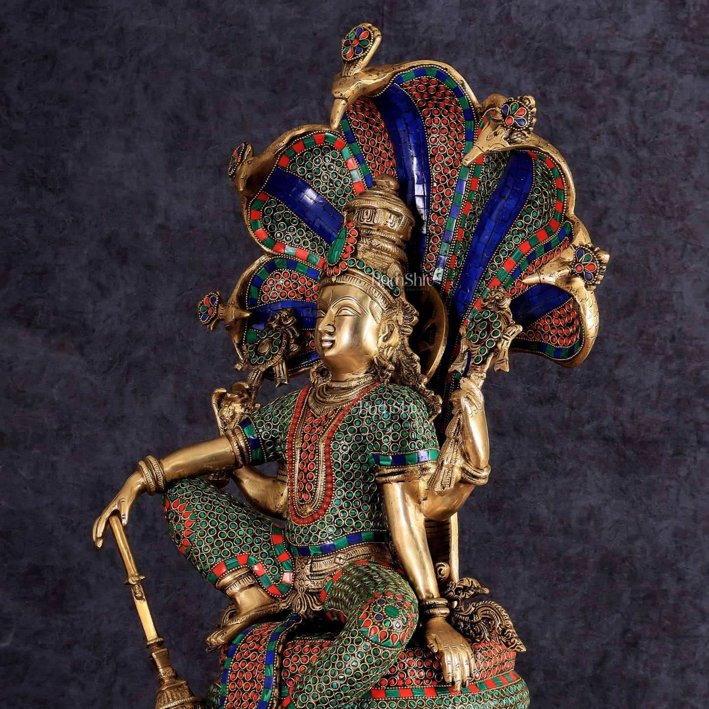 Brass large sitting Lord Vishnu Sculpture with stonework | 28 inch - Budhshiv.com