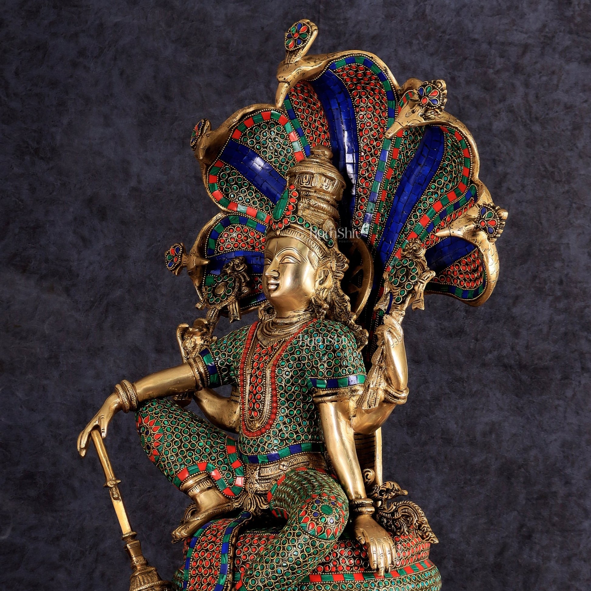 Brass large sitting Lord Vishnu Sculpture with stonework | 28 inch - Budhshiv.com