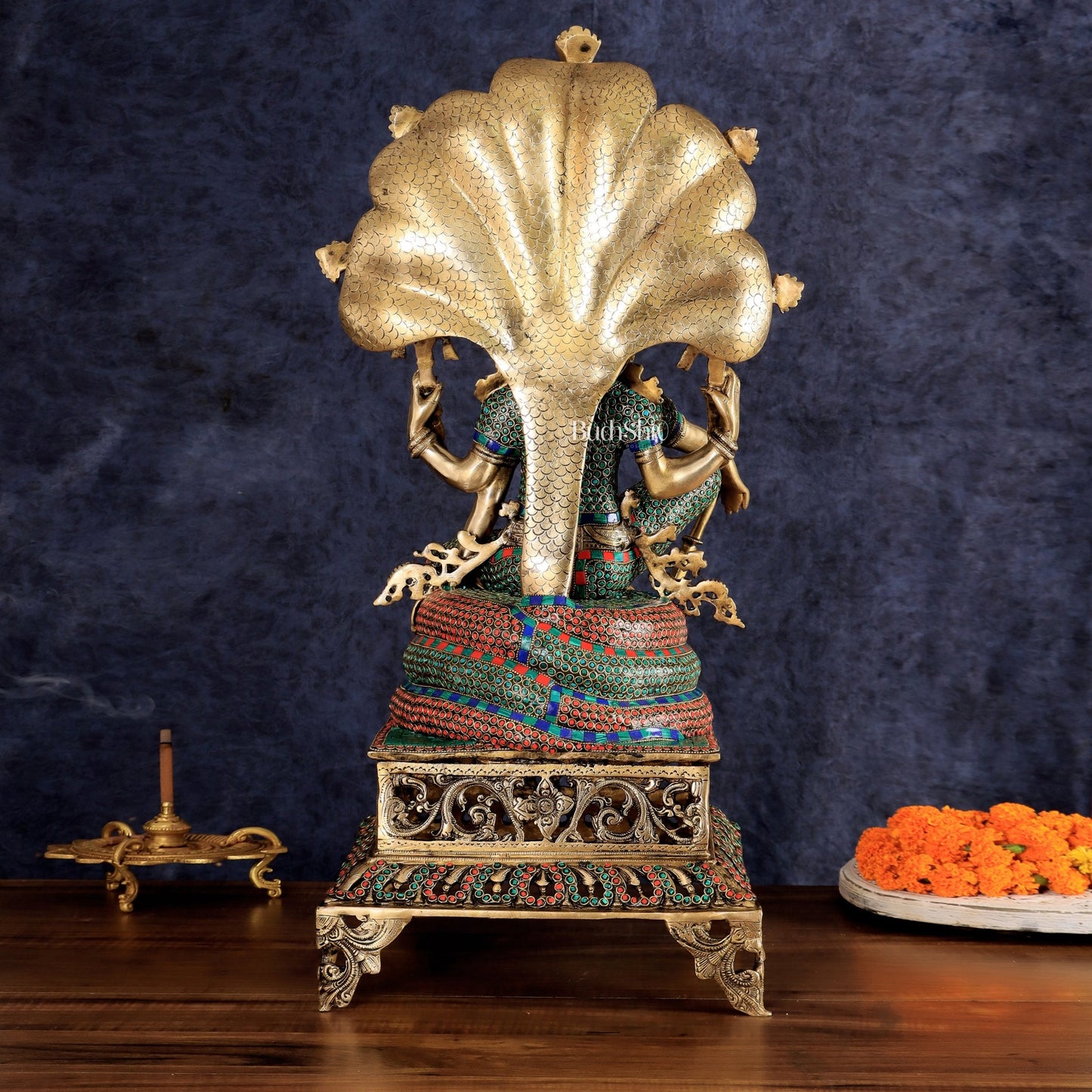 Brass large sitting Lord Vishnu Sculpture with stonework | 28 inch - Budhshiv.com