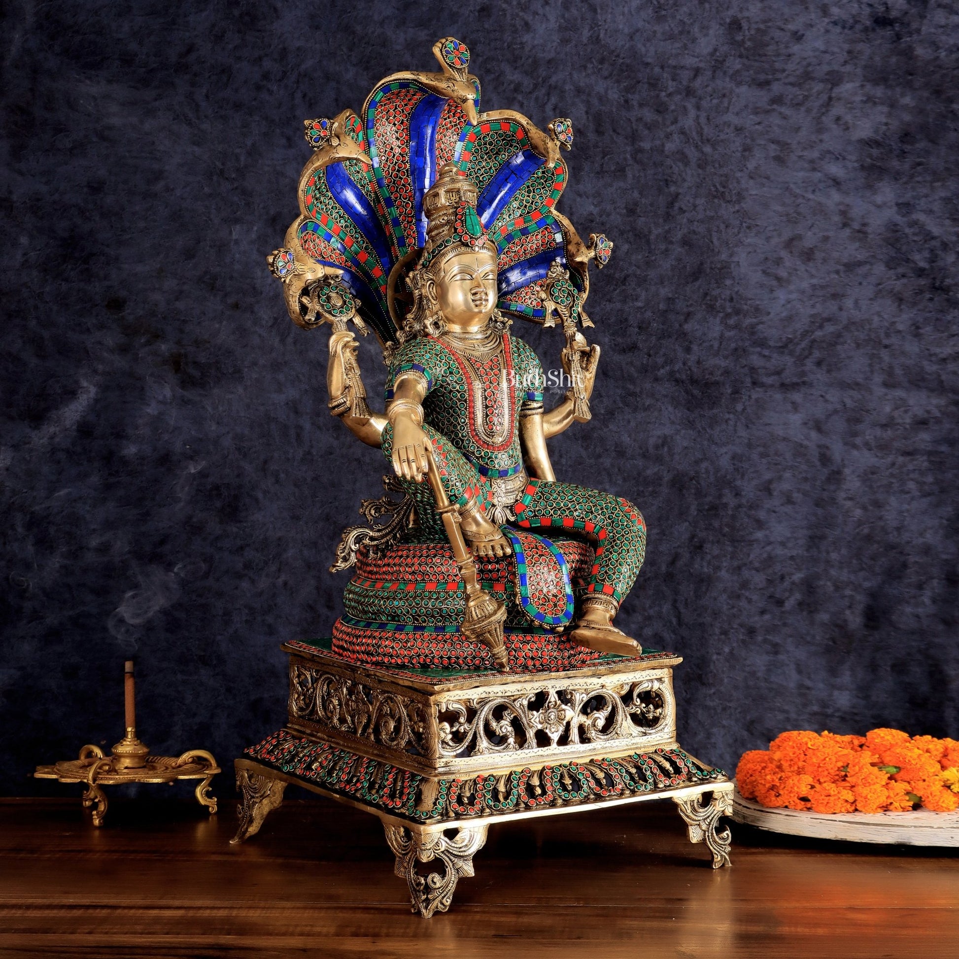 Brass large sitting Lord Vishnu Sculpture with stonework | 28 inch - Budhshiv.com