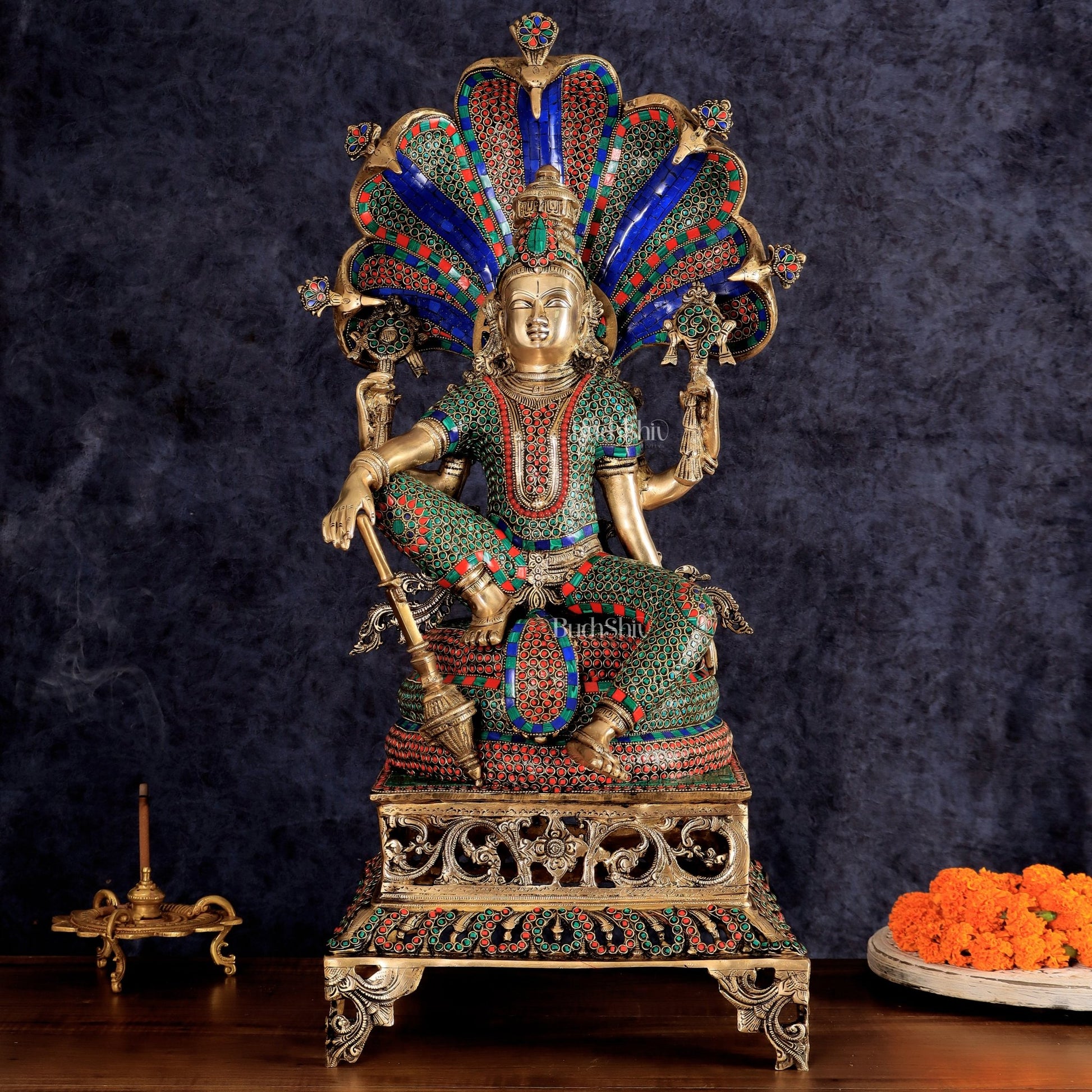 Brass large sitting Lord Vishnu Sculpture with stonework | 28 inch - Budhshiv.com