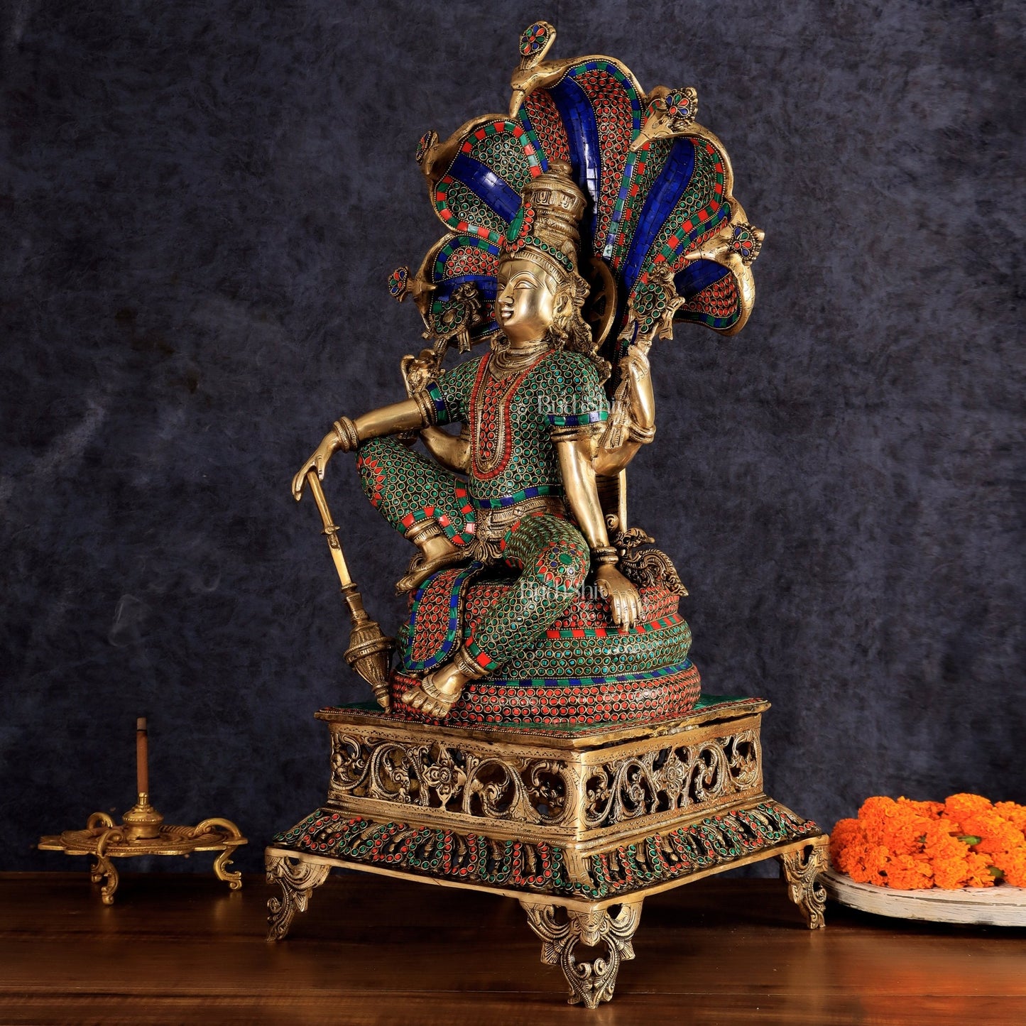 Brass large sitting Lord Vishnu Sculpture with stonework | 28 inch - Budhshiv.com