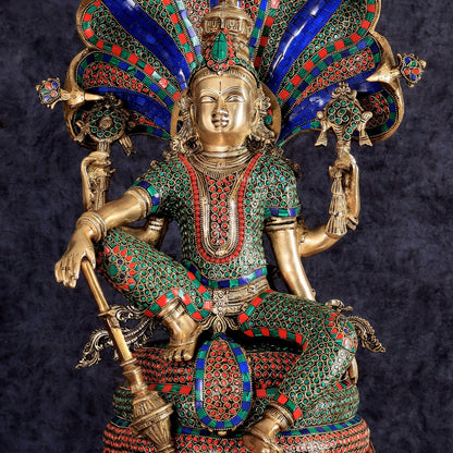 Brass large sitting Lord Vishnu Sculpture with stonework | 28 inch - Budhshiv.com