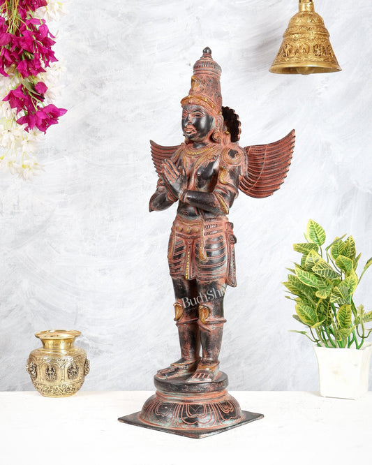 Brass Large Standing Garuda Statue – Chola Inspired Divine Artwork 24 inch black sand finish - Budhshiv.com