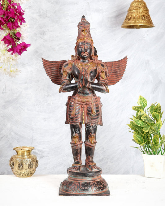 Brass Large Standing Garuda Statue – Chola Inspired Divine Artwork 24 inch black sand finish - Budhshiv.com