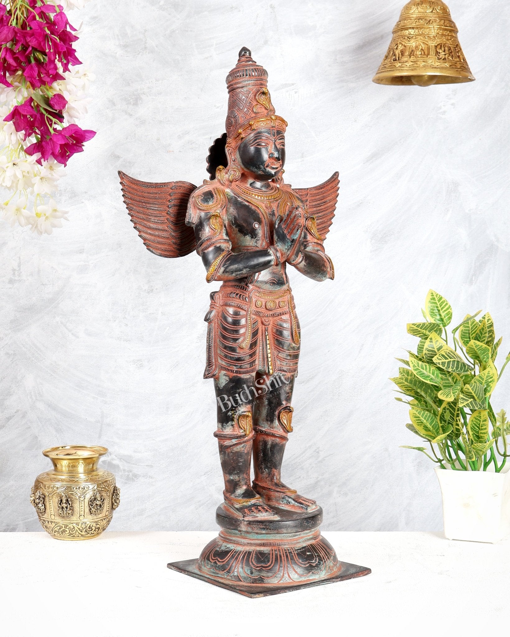 Brass Large Standing Garuda Statue – Chola Inspired Divine Artwork 24 inch black sand finish - Budhshiv.com