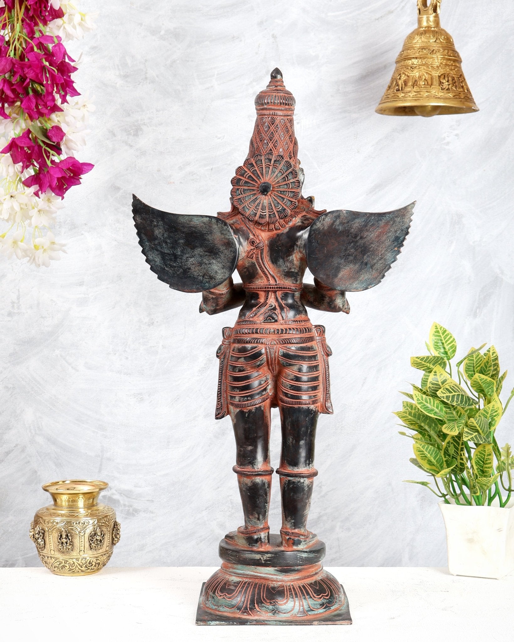 Brass Large Standing Garuda Statue – Chola Inspired Divine Artwork 24 inch black sand finish - Budhshiv.com