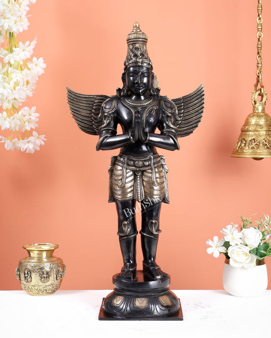 Brass Large Standing Garuda Statue – Chola Inspired Divine Artwork (24 Inches) black tone - Budhshiv.com