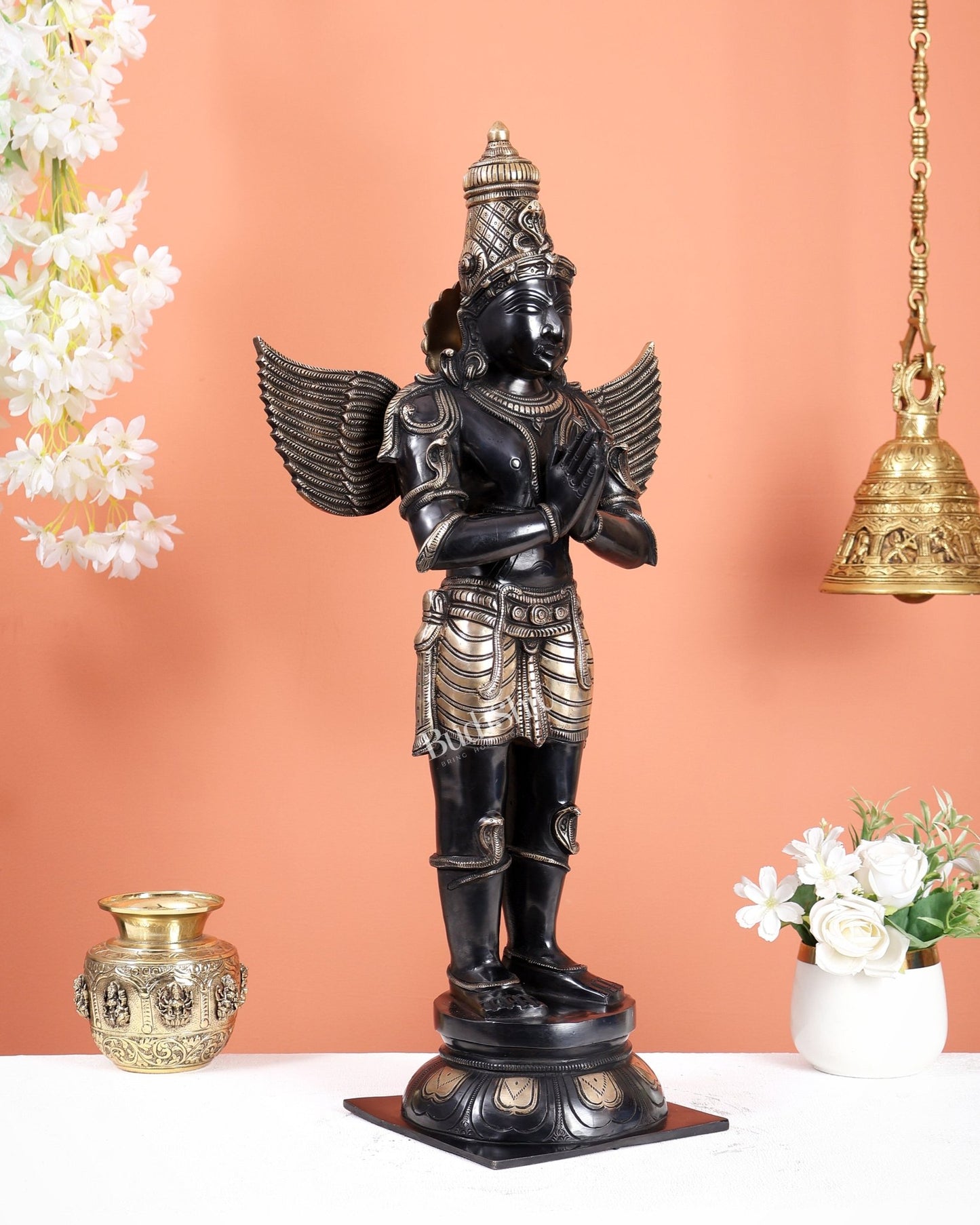Brass Large Standing Garuda Statue – Chola Inspired Divine Artwork (24 Inches) black tone - Budhshiv.com