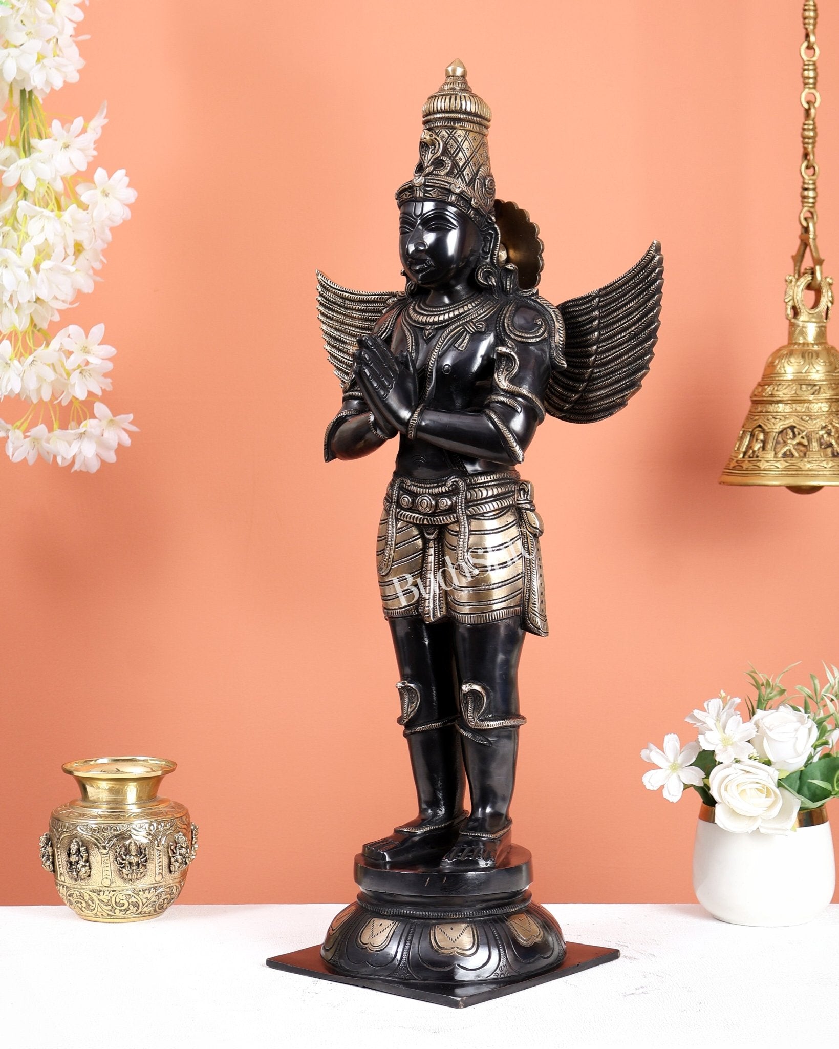 Brass Large Standing Garuda Statue – Chola Inspired Divine Artwork (24 Inches) black tone - Budhshiv.com