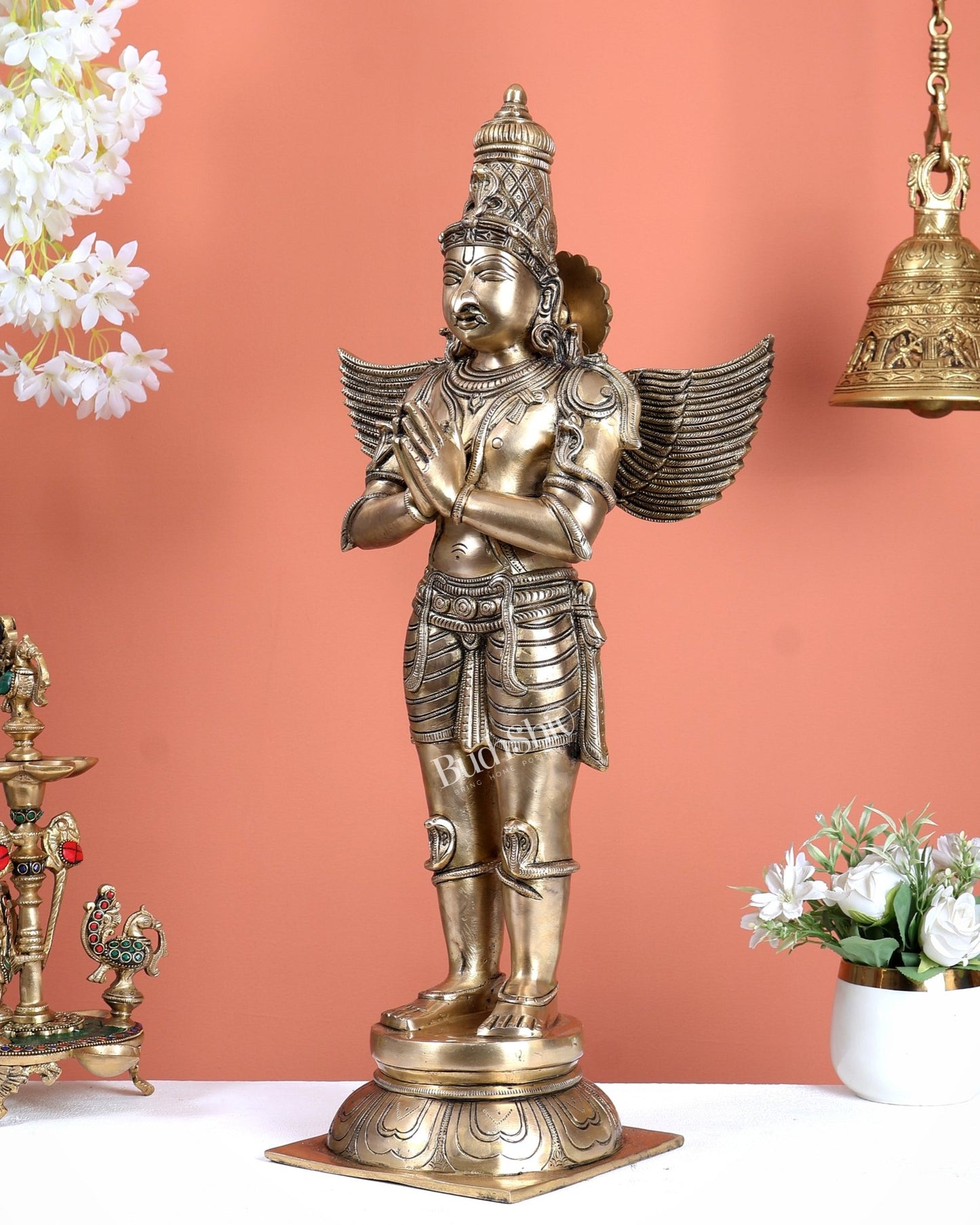 Brass Large Standing Garuda Statue – Chola Inspired Divine Artwork (24 Inches) - Budhshiv.com