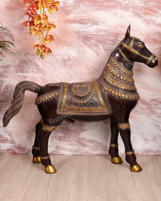 Brass Large Standing Horse Statue – Antique Finish Handcrafted Sculpture (32.5 Inches Width) - Budhshiv.com