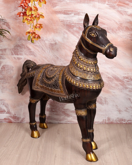 Brass Large Standing Horse Statue – Antique Finish Handcrafted Sculpture (32.5 Inches Width) - Budhshiv.com
