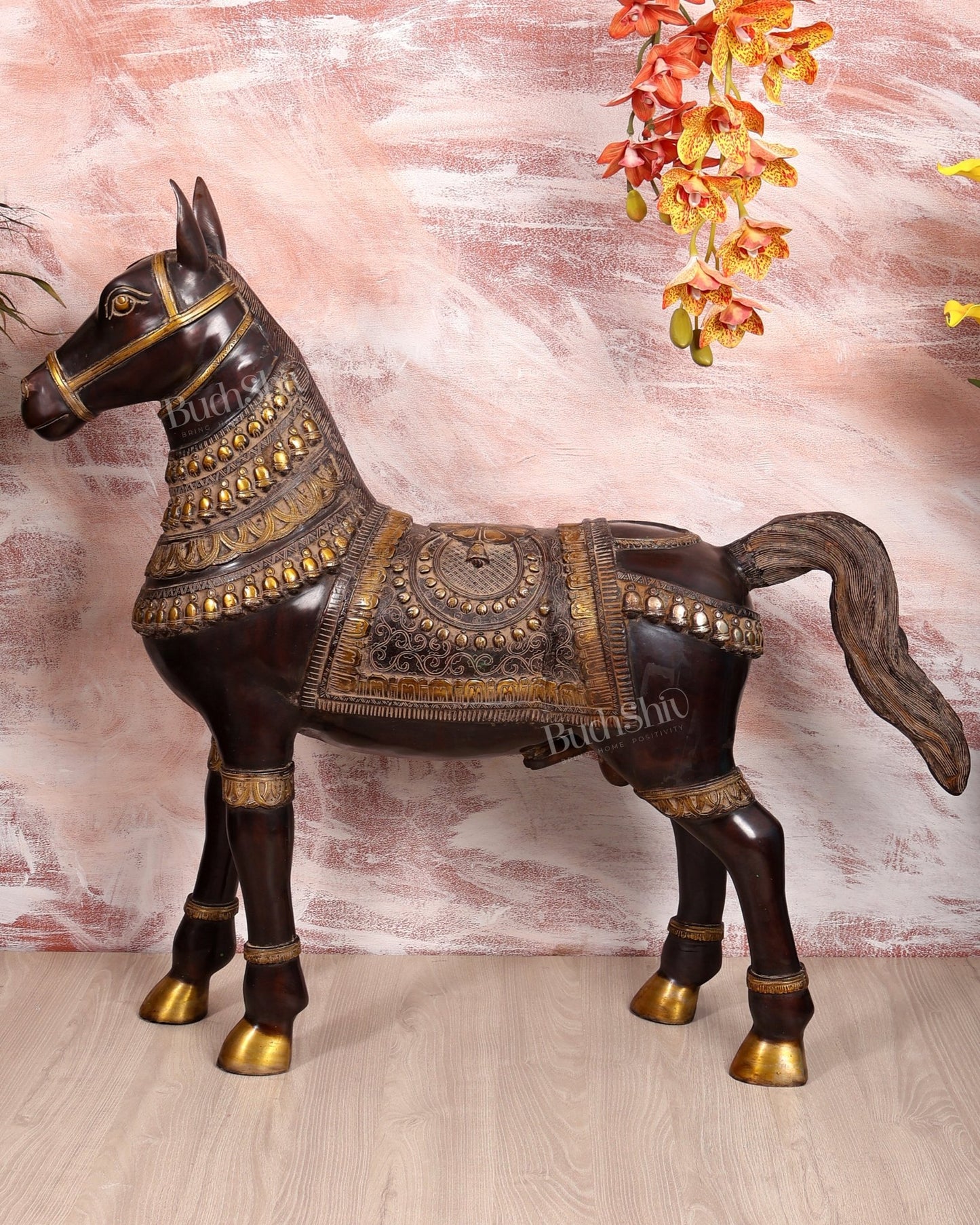Brass Large Standing Horse Statue – Antique Finish Handcrafted Sculpture (32.5 Inches Width) - Budhshiv.com