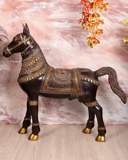 Brass Large Standing Horse Statue – Antique Finish Handcrafted Sculpture (32.5 Inches Width) - Budhshiv.com