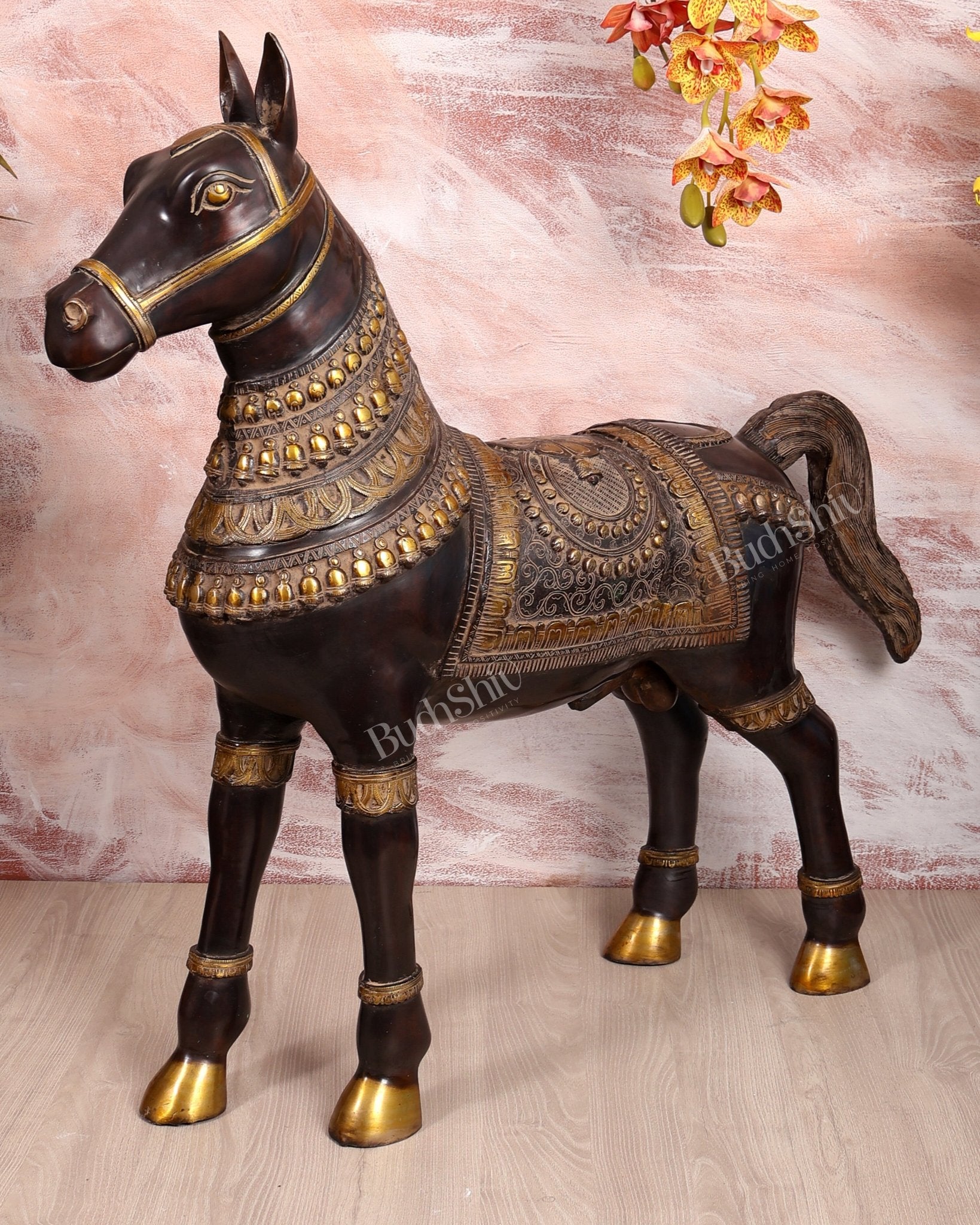 Brass Large Standing Horse Statue – Antique Finish Handcrafted Sculpture (32.5 Inches Width) - Budhshiv.com