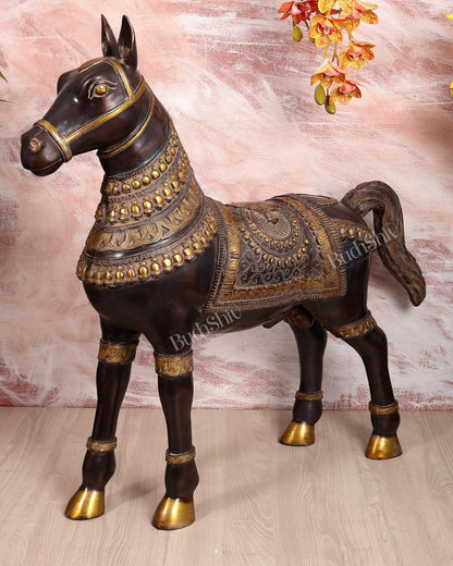 Brass Large Standing Horse Statue – Antique Finish Handcrafted Sculpture (32.5 Inches Width) - Budhshiv.com