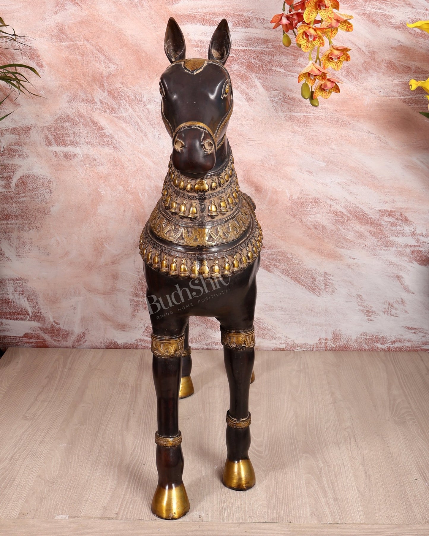 Brass Large Standing Horse Statue – Antique Finish Handcrafted Sculpture (32.5 Inches Width) - Budhshiv.com