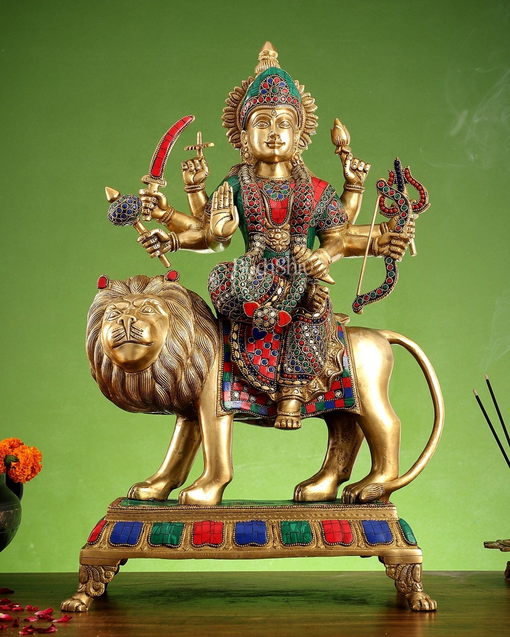 Brass Large Superfine Durga Mata Statue with Stonework - 21 inch - Budhshiv.com