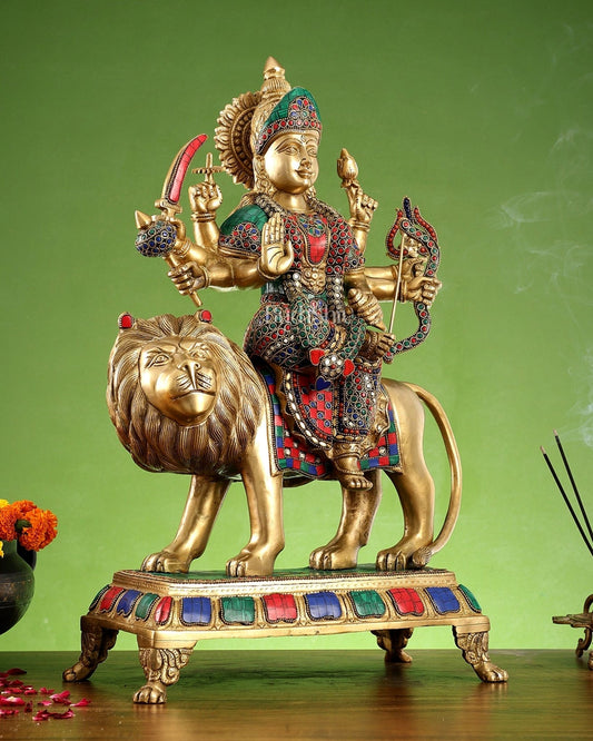 Brass Large Superfine Durga Mata Statue with Stonework - 21 inch - Budhshiv.com
