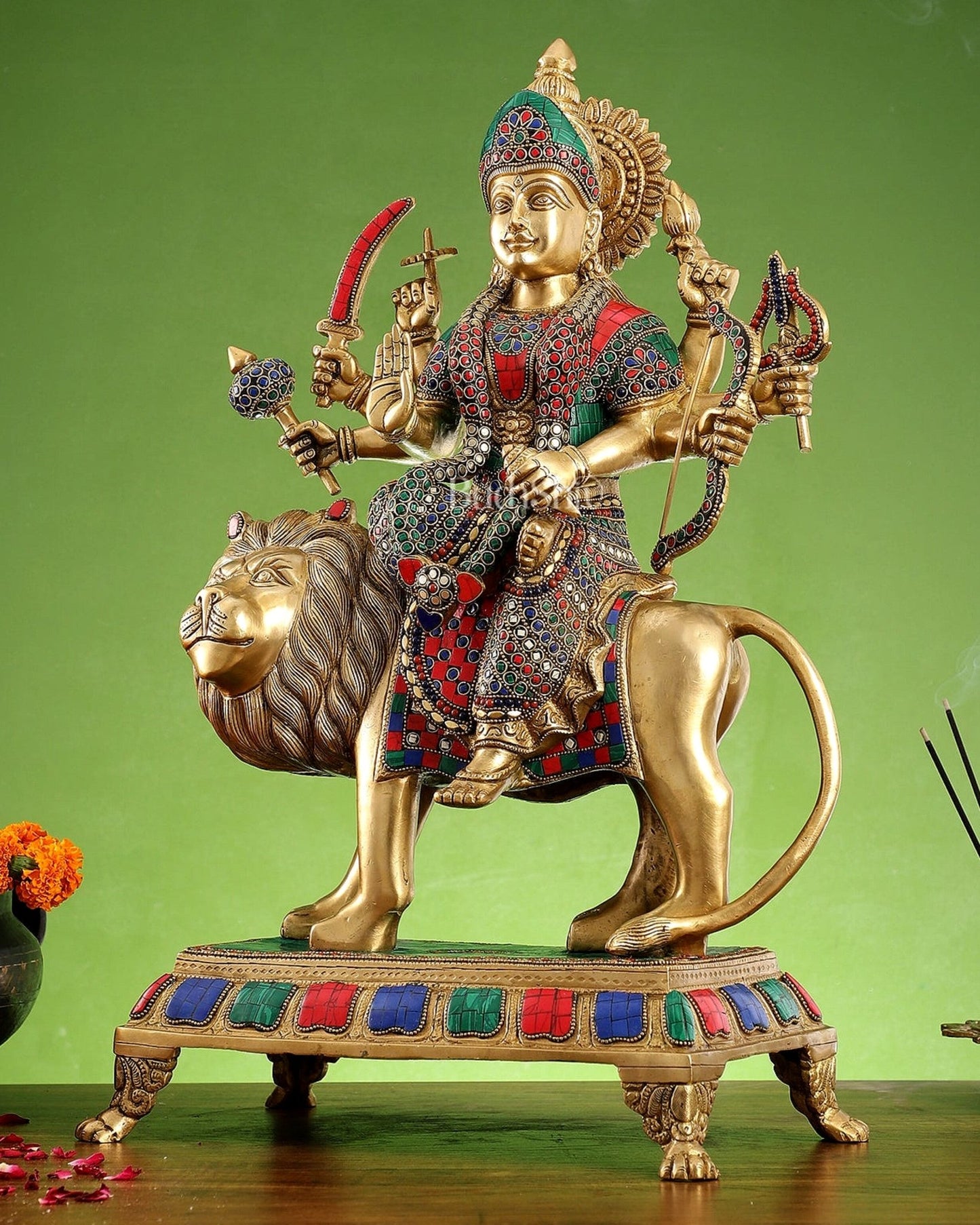 Brass Large Superfine Durga Mata Statue with Stonework - 21 inch - Budhshiv.com
