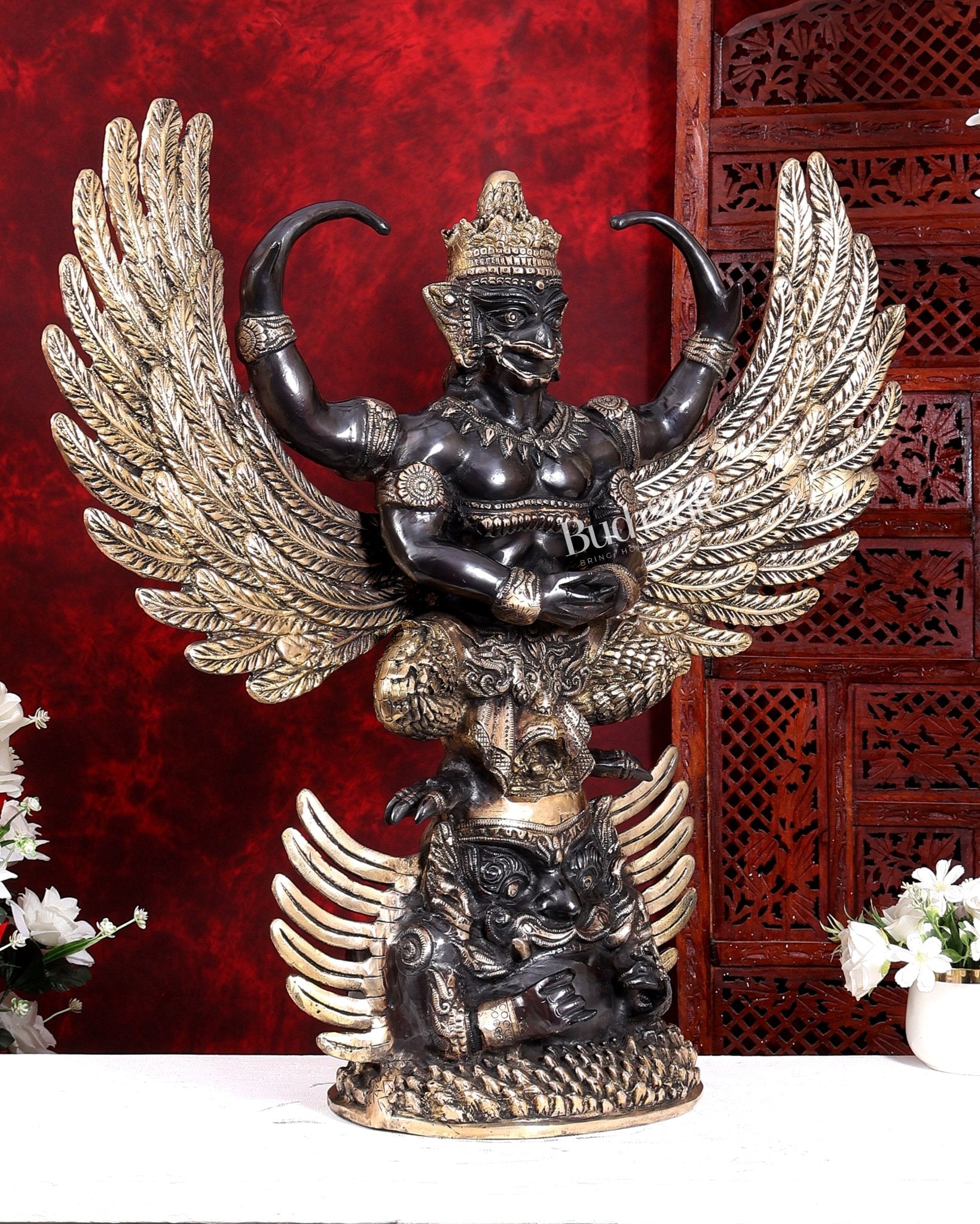 Brass Large Thai Garuda with Kirtimukha on Base | Black & Gold Auspicious Statue 31 inch - Budhshiv.com