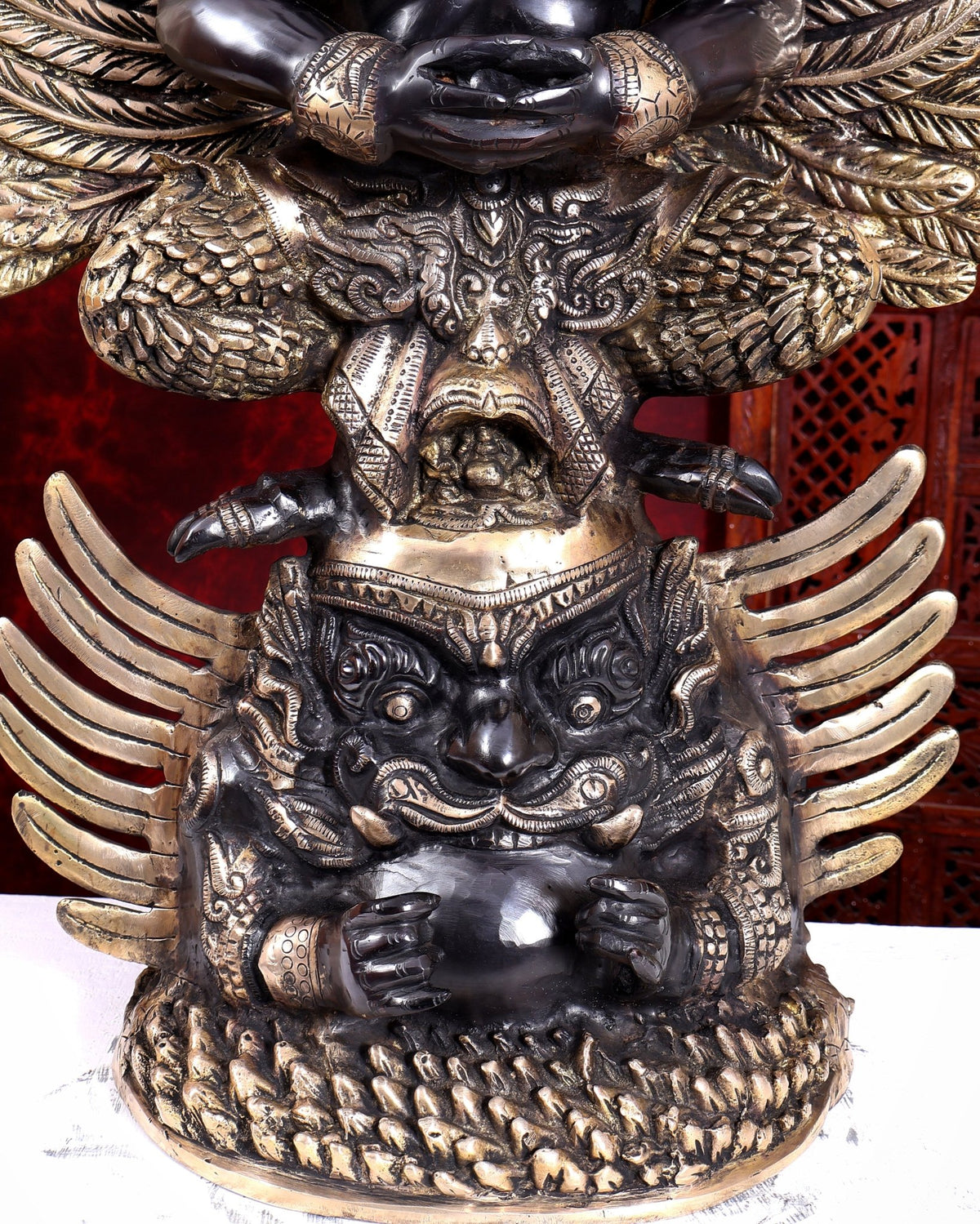 Brass Large Thai Garuda with Kirtimukha on Base | Black & Gold Auspicious Statue 31 inch - Budhshiv.com