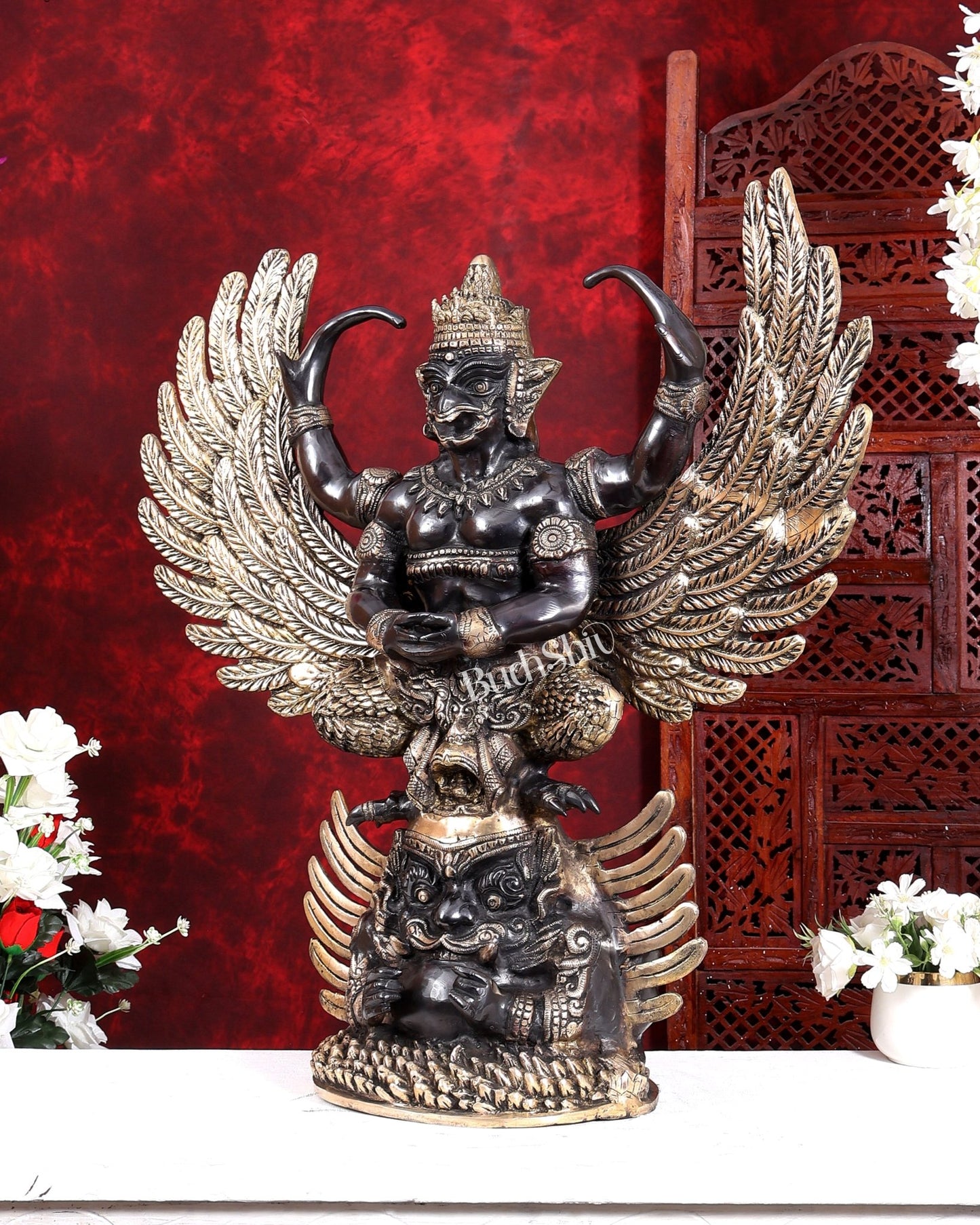 Brass Large Thai Garuda with Kirtimukha on Base | Black & Gold Auspicious Statue 31 inch - Budhshiv.com